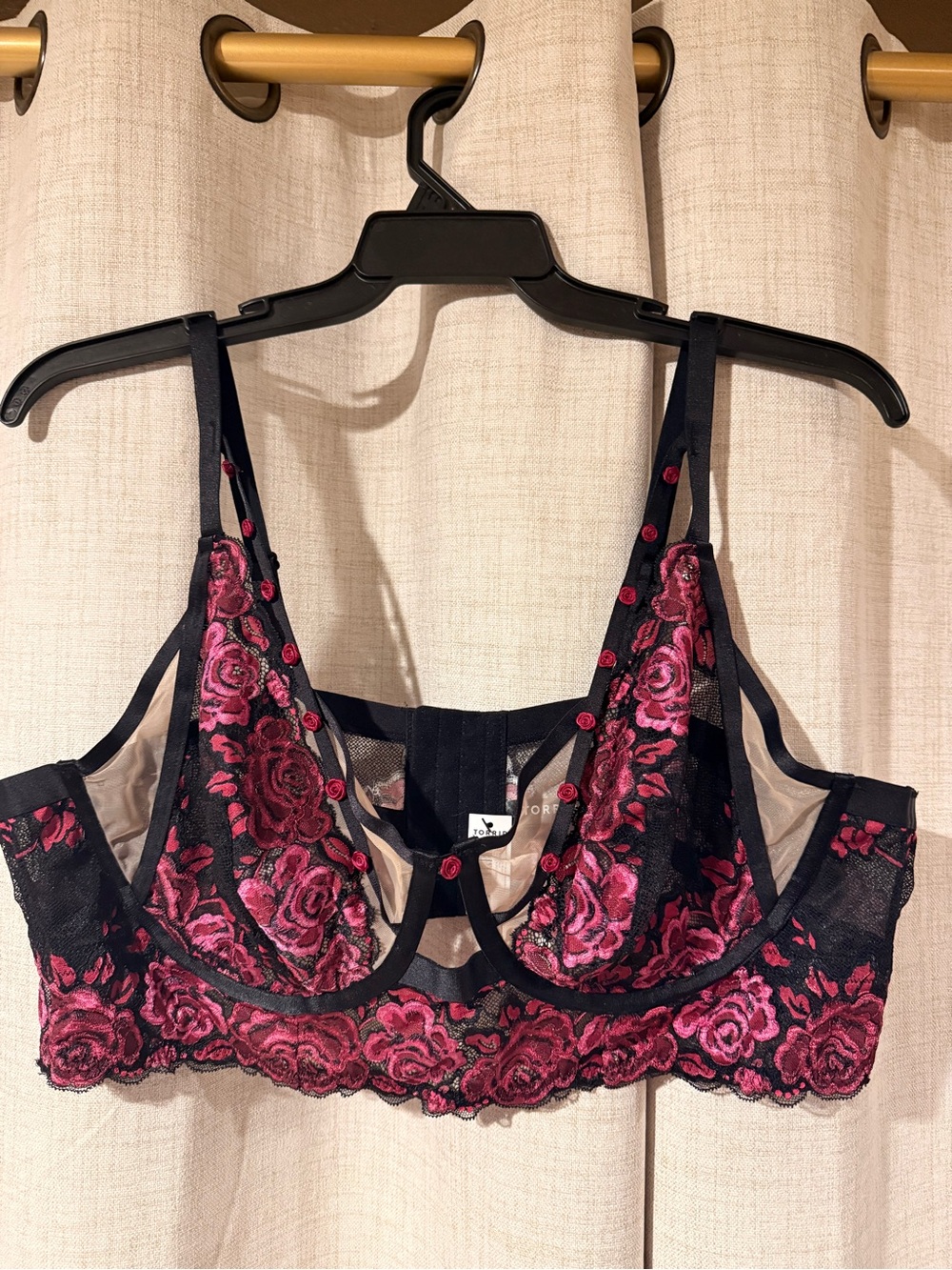 Sheer Embroidered Rose Underwire Bra - Pink and Black